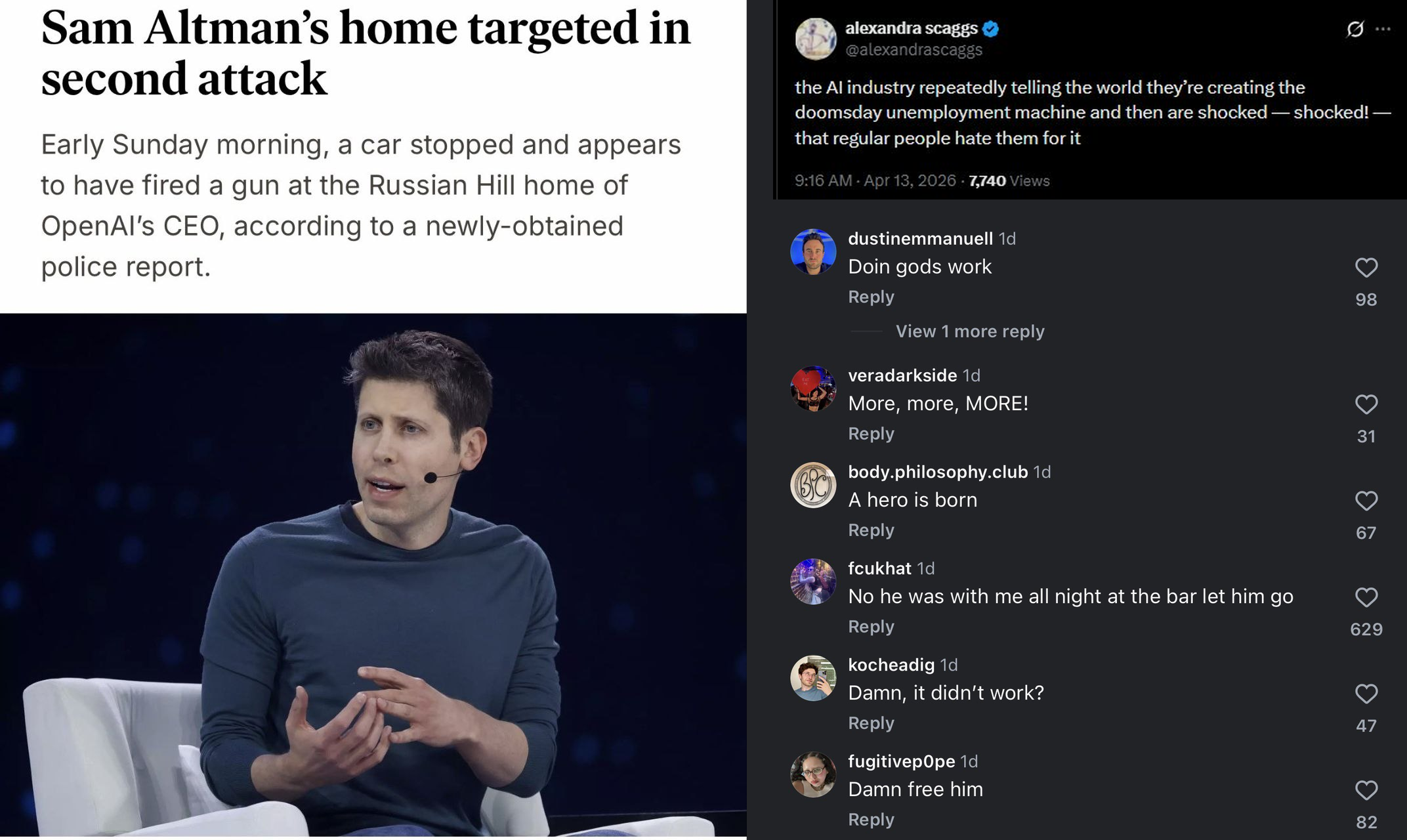Sam Altman attack news, Alexandra Scaggs tweet, and Instagram replies