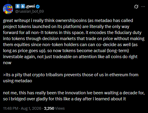 Reply on X by 86.gwei: ownership coins encode the fiduciary duty into tokens through decision markets that trade on price without making them equities