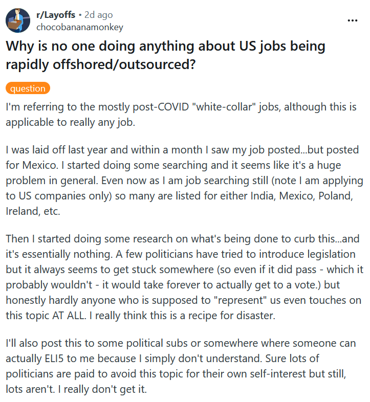 r/Layoffs reddit post about offshoring